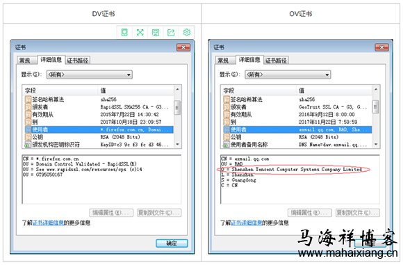 DV和OV型证书在用户查看证书的详情 SSL证书服务的DV SSL、OV SSL、EV SSL三种类型有什么区别?-马海祥博客